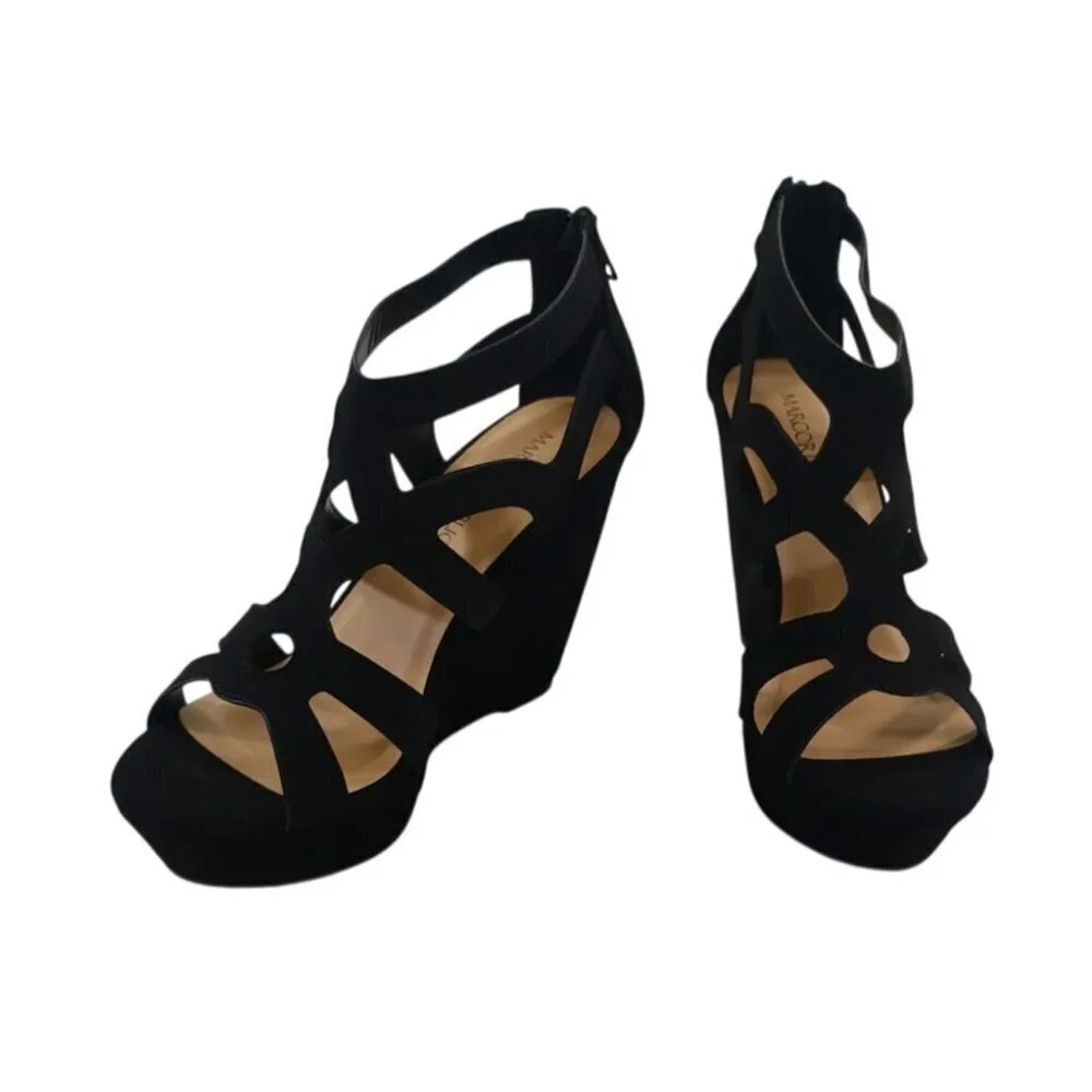 Black Strappy Open-Toe Wedge Sandals With Back Zipper Closure For Women Size 6.5